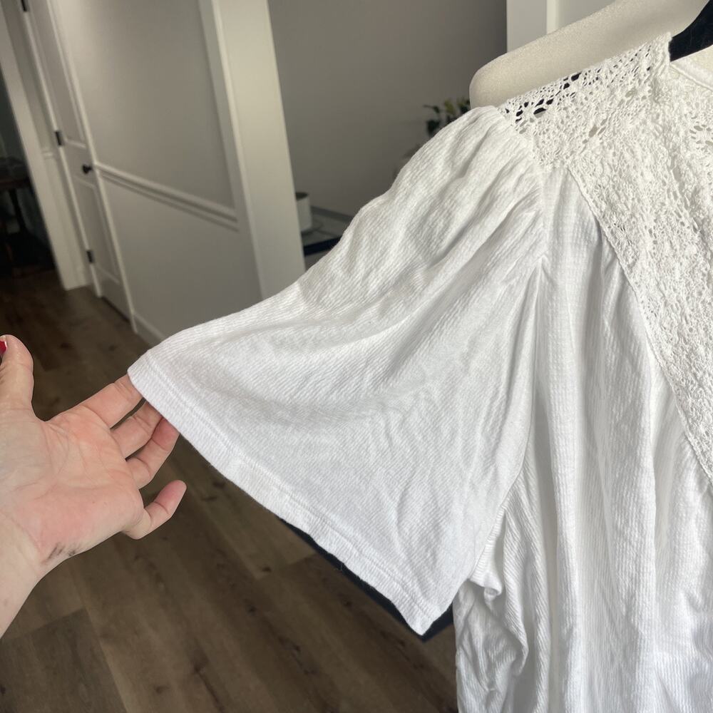 Lucky Brand White Lace Button Blouse XXL Cotton Boho Coastal Flutter Sleeve Boxy - Picture 2 of 11
